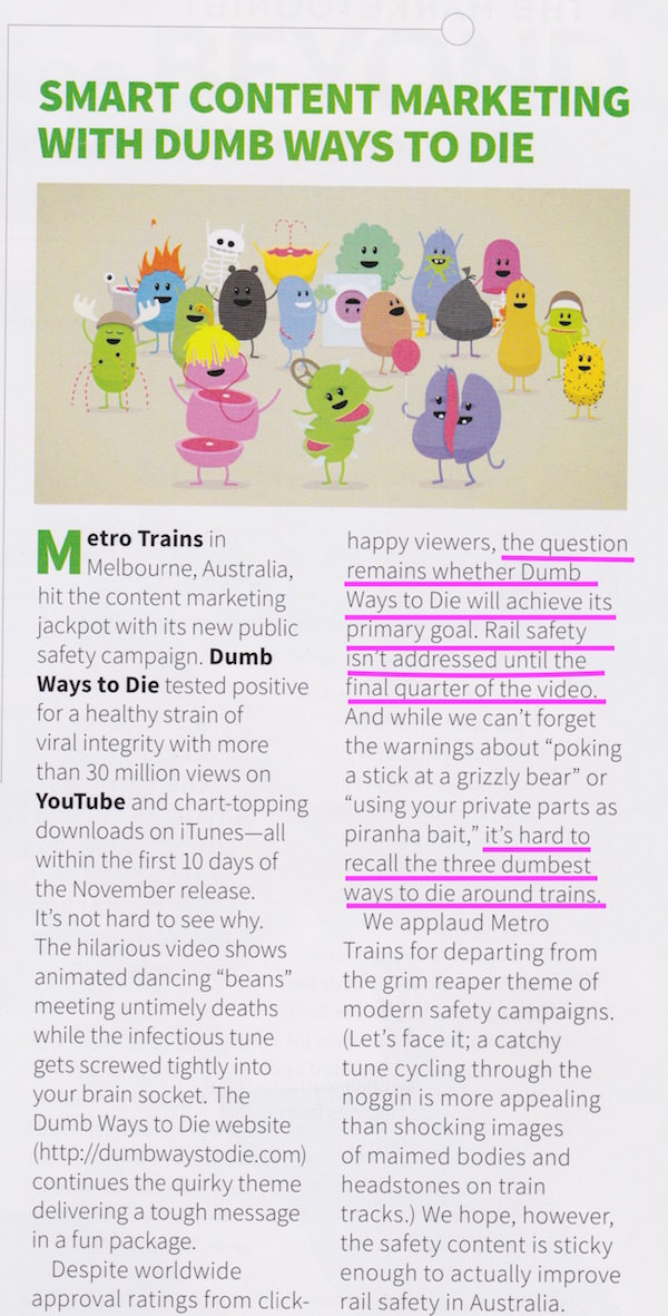 CCO magazine article from February 2013 showing doubt about effectiveness of Dumb Ways to Die