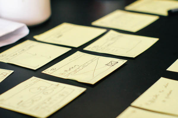 a series of post it notes showing the strategy phase of a content marketing plan