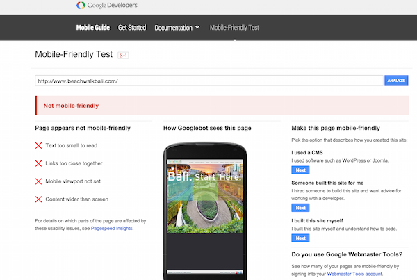 screenshot of a website failing the Google mobile-friendly test