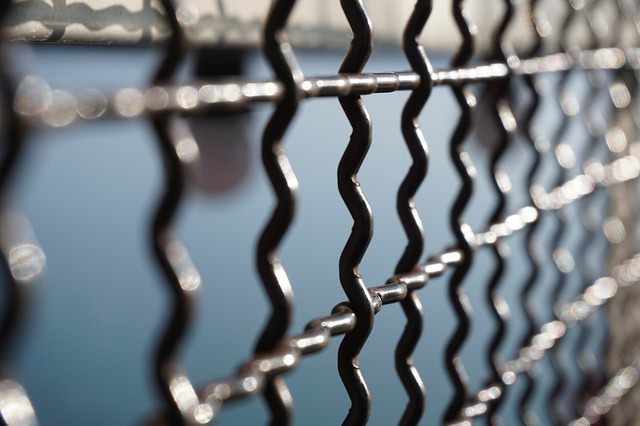 Close up on the grids of a metal fence